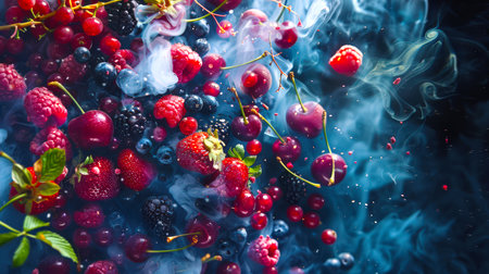 A bunch of strawberries, raspberries, blueberries, blackberries, red currants and cherries in a thick stylish blue smoke on a black background. Close-up of fresh ripe wild berries. The smoke gives the image a glowy and mysterious appearance.の素材