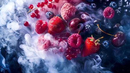 Berries in white smoke on a black background. Close-up of a bouquet of berries, including strawberries, blueberries, blackberries, cherries, red currants and raspberries, against a cloud of smoke. The smoke gives the image a dreamy, surreal tintの素材