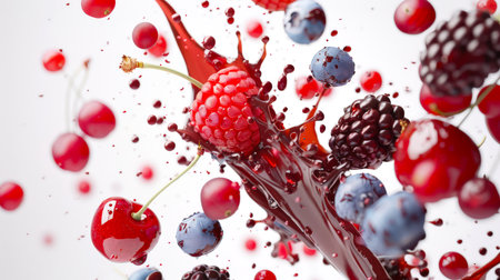 Berries in chocolate. Ripe delicious bright juicy raspberries, blueberries, blackberries, cherries and red currants are mixed with thick milk chocolate on a white background. A delicious dessert.の素材