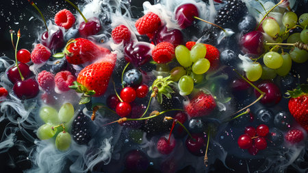 Close-up of a bunch of berries, including grapes, cherries, blueberries, raspberries, red currants, blackberries and strawberries. The berries are surrounded by stylish white smoke. The concept of freshness.の素材