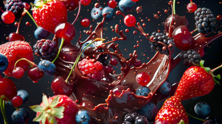 Berry and chocolate explosion on a black background. Colorful image of raspberries, strawberries, cherries, blackberries and blueberries and thick milk chocolate. The scene is playful and funnyの素材