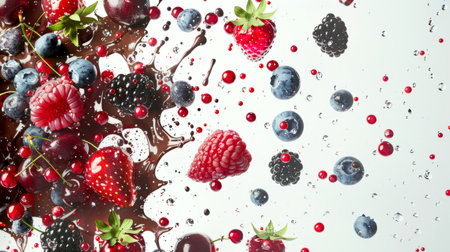 Wild berries in chocolate on a white background. Close-up of raspberries, strawberries, blackberries, blueberries, cherries and red currants mixed with thick milk chocolate. It is an exquisite and sweet taste,の素材