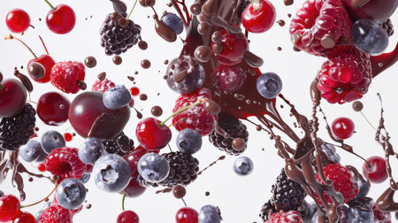 Berry and chocolate explosion on a white background. Raspberries, blueberries, blackberries and cherries in chocolate. A colorful image of berries covered with chocolate glaze. The scene turned out to be playful and funny.の素材