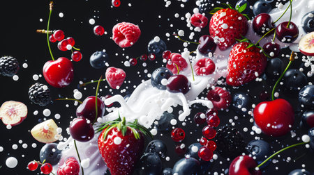 Mousse with wild berries. Close-up of a berry salad with strawberries, blueberries, raspberries, blackberries and cherries. Drops of milk are scattered all over the background. Milk splash. The image is created in a playful and colorful styleの素材