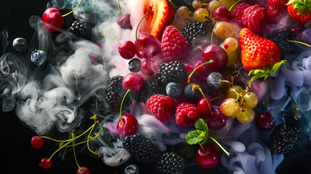 A colorful assortment of berries in a thick lilac and white haze on a black background. Close-up of a bouquet of berries, including cherries, strawberries and grapes. Berry mix. The smoke gives the image a mysterious and dreamy atmosphereの素材