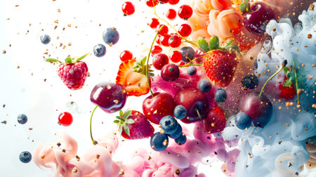 A bright berry explosion of strawberries, blueberries, cherries, red currants and raspberries in thick colored smoke on a white background. The image turns out to be bright and lively, and the berries seem to be in motionの素材