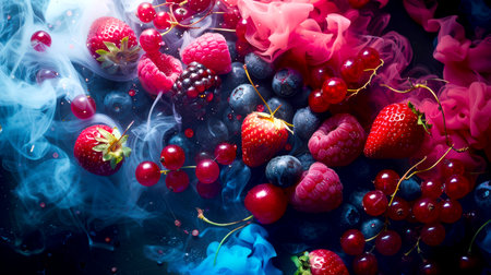 Dessert of berries in a stylish thick colorful smoke on a black background. Raspberries, strawberries, blueberries, cherries, blackberries and red currants are floating in the air. The scene is bright and livelyの素材