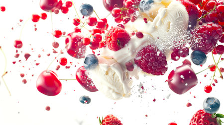 A mix of vanilla ice cream and summer berries on a white background. Close-up of strawberries, blueberries, raspberries, red currants and cherries combine with a ball of ice cream in the air.の素材