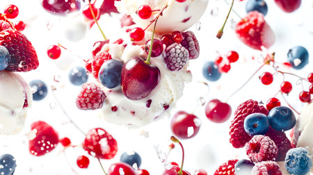 Raspberries, strawberries, blueberries, cherries and red currants combine in the air with ice cream balls. Close-up of a berry dessert with vanilla ice cream on a white background. The image looks playful and funnyの素材