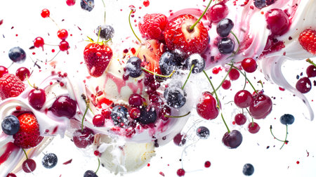 Sweet delicious summer dessert with strawberries, blueberries, cherries and vanilla ice cream. Juicy berries are mixed with ice cream in the air on a white background. Berry mixの素材