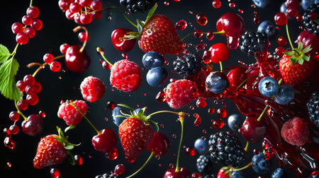 Delicious red syrup made from strawberries, raspberries, blueberries, blackberries, red currants and cherries on a black background. Splashes of red berry wine along with berries. Close-up of a bunch of berries in the airの素材