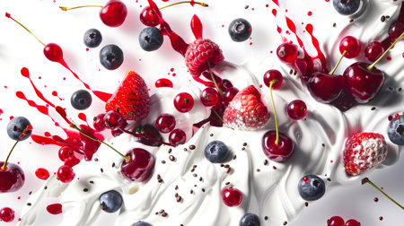 Wild berries in yogurt on a white background. Ripe juicy berries of strawberries, raspberries, blueberries, red currants and cherries are mixed with whipped cream. The image is created in a playful and colorful styleの素材