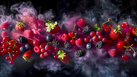 Top view of the berries lying on a black table in a thick colored stylish fashionable smoke. Colorful forest berry showcase. Among the berries are strawberries, blueberries, raspberries and blackberries. beautiful backgroundの素材