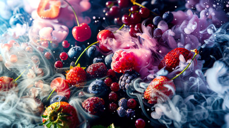 A close-up of a bouquet of berries, including cherries, strawberries, raspberries, red currants and blueberries, against a stylish fashionable colored smoke on a black background. The smoke gives the image a dreamy, surreal toneの素材