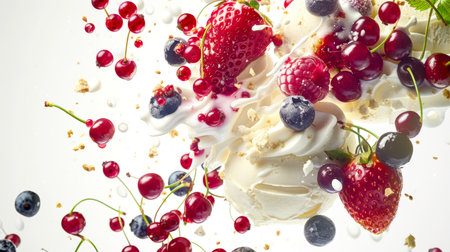 Close-up of dessert with strawberries, blueberries, cherries and raspberries. The dessert is a mixture of vanilla ice cream and wild berries. The image is made in a playful and funny style.の素材