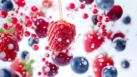 Assorted berries covered with drops of water and honey. Close-up of raspberries, strawberries, blueberries and red currants on a white background. The concept of freshness and abundance, the bright colors of the berries and the way they hover in the air.の素材