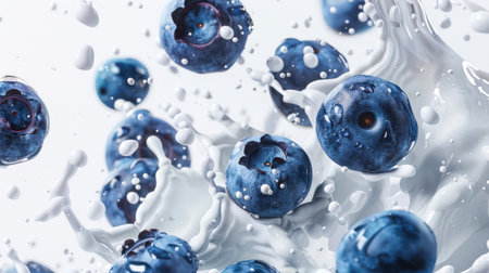 A scattering of blueberries falls into natural yogurt. Juicy blueberries float in milk, creating a beautiful and colorful picture. Milk drops fly in different directions. A delicious snack. A natural organic productの素材