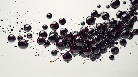 A bunch of black currant berries is floating in the air. There is movement and energy in the image, as if the berries are being blown away by a gust of wind. A handful of delicious ripe healthy black berries floats in the air on a white background.の素材