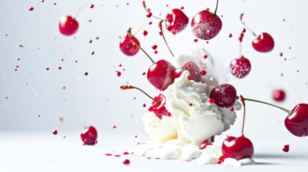 Ripe juicy cherries fall on the ice cream ball. A cooling delicious sweet dessert. A natural organic product. food backgroundの素材