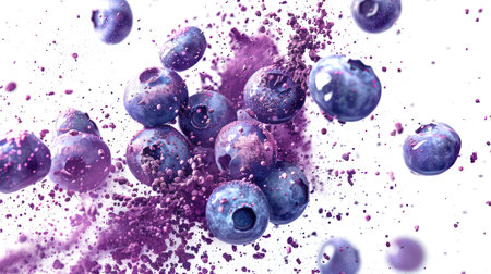 Sleepy blueberries in purple powdered sugar. A handful of juicy blueberries flies through the air on a white background. The concept of motion and energy. A natural organic product. A delicious snack. food backgroundの素材