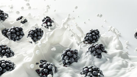 Milkshake with blackberries. Juicy ripe delicious blackberries float in milk, creating a visually attractive and appetizing appearance. A natural organic vegan product. Food background. Smoothieの素材