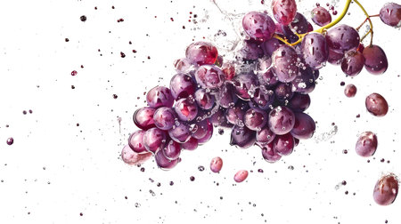 A bunch of grapes hangs in the air in drops of clear transparent spring water. it sprays water. Red grapes are washed in water. The concept of freshness and healthy nutrition. A natural organic productの素材