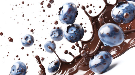 Blueberries in chocolate. A delicious blueberry-chocolate dessert in which blueberries fly through the air. Blueberries are surrounded by a thick chocolate splash, which makes the delicacy appetizing and visually attractiveの素材