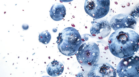An explosion of blueberries. Close-up of blueberries in powdered sugar on a white background. Blueberries are in the air. A natural organic product. Delicious dessert. The gifts of summer. Healthy eating.の素材