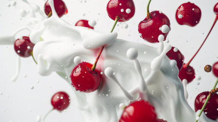 Smoothies with cherries. The most delicious milkshake with red ripe juicy cherries. Milk drops and splashes. Cherries are floating in milk. A natural delicious organic product. food backgroundの素材