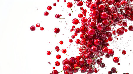 Close-up of a bunch of red cranberries or cranberries in a splash of water on a white background. The berries are scattered all over the image. A natural organic product. Food background. Gifts of the forest.の素材