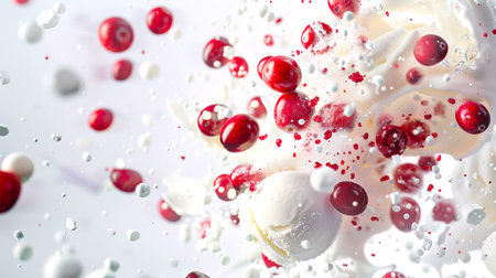 Sweet delicious refreshing dessert. vanilla ice cream with cranberries. Whipped cream with red cranberries. Food background. A natural organic product. The image is abstract, it feels playful and whimsicalの素材