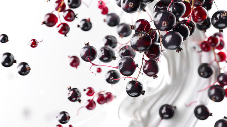Smoothies with juicy ripe blackcurrant berries. Close-up of a handful of blackcurrant berries scattered all over the background. An organic product. Delicious dessert. A natural productの素材