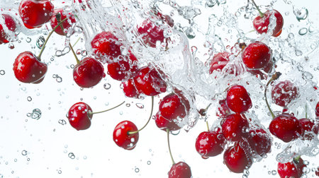 A handful of cherries falls into the clear transparent spring water on a white background. Cherries float in the air, surrounded by water droplets. A natural delicious snack. An organic product. food backgroundの素材