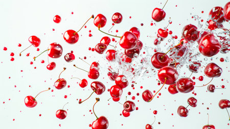 A group of juicy ripe red cherries flies through the air in a spray of water. Cherries fly in different directions on a white background. A delicious natural snack. The concept of motion and energy. food backgroundの素材