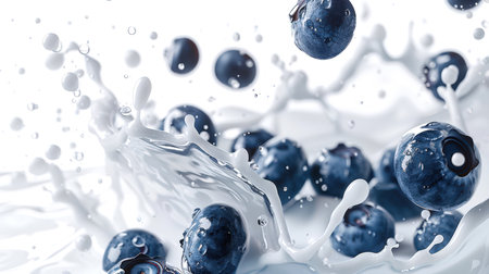Some blueberries in white milk splashes. Milk cocktail with blueberries. Blueberries float in natural yogurt, creating a beautiful and vivid picture. The concept of freshness and natural beautyの素材