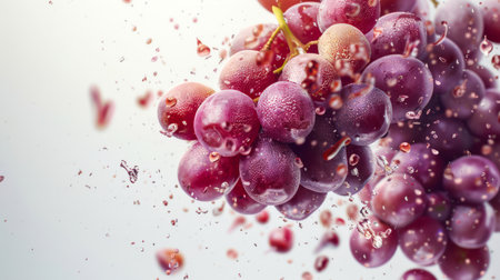 Close-up of a bunch of red grapes with drops of water on it. Grapes are floating in the air on a white background. A natural organic product. Health nutrition. A delicious snack. The Gifts of Summerの素材