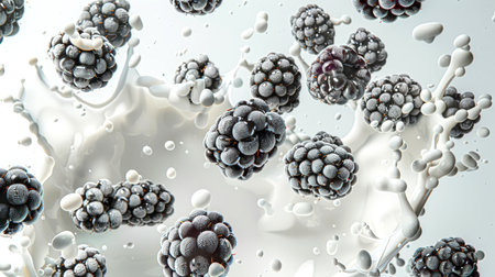 Fresh juicy delicious blackberries fall into the milk. Milkshake with blackberries. A healthy smoothie. A natural organic product. Food background. Natural yogurt with blackberries floating in it.の素材