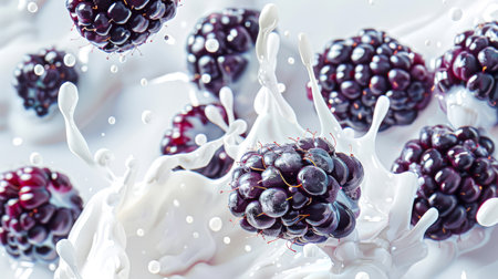 Natural white yogurt with juicy blackberries. White splashes fly in different directions when the blackberries fall into the milk. The image has a playful and whimsical mood, as if berries are dancing in milk. food backgroundの素材