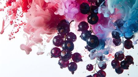 Bunches of black currant berries float in colored smoke on a white background. Pink-blue smoke envelops black current berries. A delicious snack. A natural product. Healthy eating. food backgroundの素材