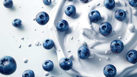 Milkshake with blueberries. Close-up of blueberries falling on the white surface of natural yogurt. The concept of abundance and freshness. Food background. A delicious snack. An organic product. Healthy eatingの素材
