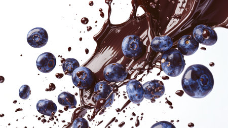 Thick milk chocolate pours out on juicy ripe blueberries floating in the air on a white background. Blueberries in chocolate. A delicious snack. An organic natural product. Blueberries are scattered all over the image.の素材