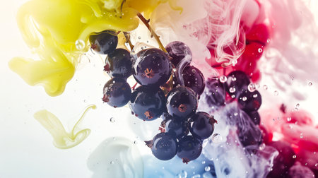 Close-up of a branch with black currant berries on a colorful thick smoky background. The black currant is surrounded by water droplets, and clouds of colored smoke give the image a dreamy, surreal look. food backgroundの素材