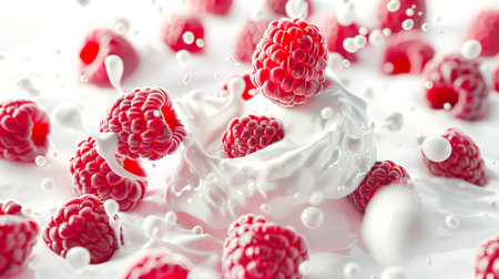 Delicious smoothie with fresh raspberries. Close-up of raspberry berries splashing in natural yogurt. White milk drops are flying in all directions. An organic dessert. food backgroundの素材