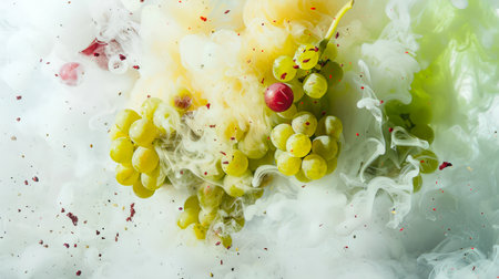 Bunches of green grapes float in a cloud of white-yellow-green smoke. A delicious snack. A natural product. Mystical thick stylish smoke surrounds juicy ripe berries of green grapes. food backgroundの素材