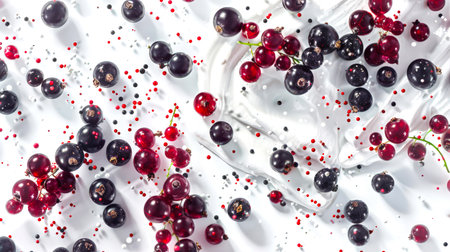 A handful of black and red currants falls into the white natural yogurt. View from above. A natural organic product. Gifts of the forest. A delicious snack. The picture shows a playful and whimsical moodの素材