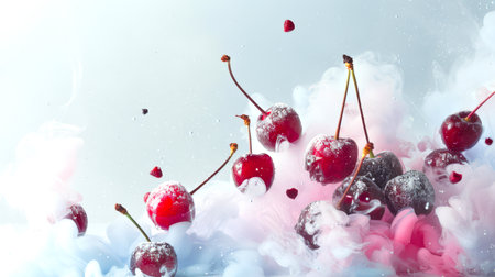 Cherry berries float in a bizarre pink-blue-white mystical smoke. Cherry berries are covered with powdered sugar. The image creates a playful mood, as if cherries are dancing in the air. A delicious snack. A natural productの素材