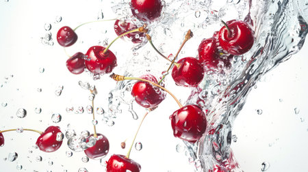 Cherries are washed in clean, clear water. A handful of cherries falls into a stream of water. The drops fly in different directions. A natural organic product. Food background. The image has a playful and funny lookの素材