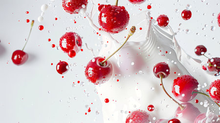Cherries in milk. Splashes of white milk dance with juicy cherry berries on a white background. Cherries fall into the milk. Delicious dessert. Milk cocktail or smoothie. The concept of fun and quirkiness. food backgroundの素材