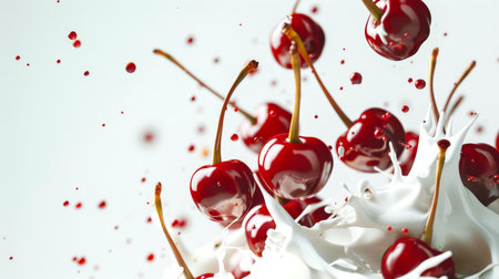 Milkshake with juicy cherries. Delicious dessert. Close-up of fresh ripe cherries and milky splashes splattered on a white background. The picture shows a playful and whimsical mood. A natural product. food backgroundの素材