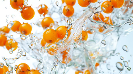 Orange sea buckthorn berries are washed in clear clear water on a white background. A scattering of water droplets surrounds a bunch of bright orange sea buckthorn berries, creating a lively and refreshing atmosphere. Foot background.の素材